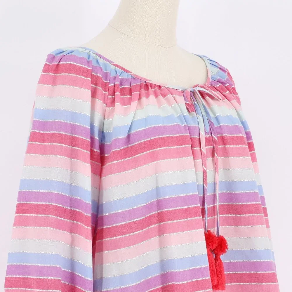 NWT J. Crew Peasant Top in Metallic Pastel Stripe Front Tassel Tie Size L